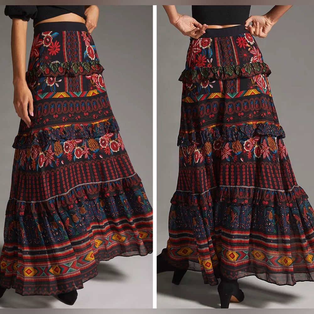 Farm Rio Garden Print Tiered Maxi Skirt, Size S